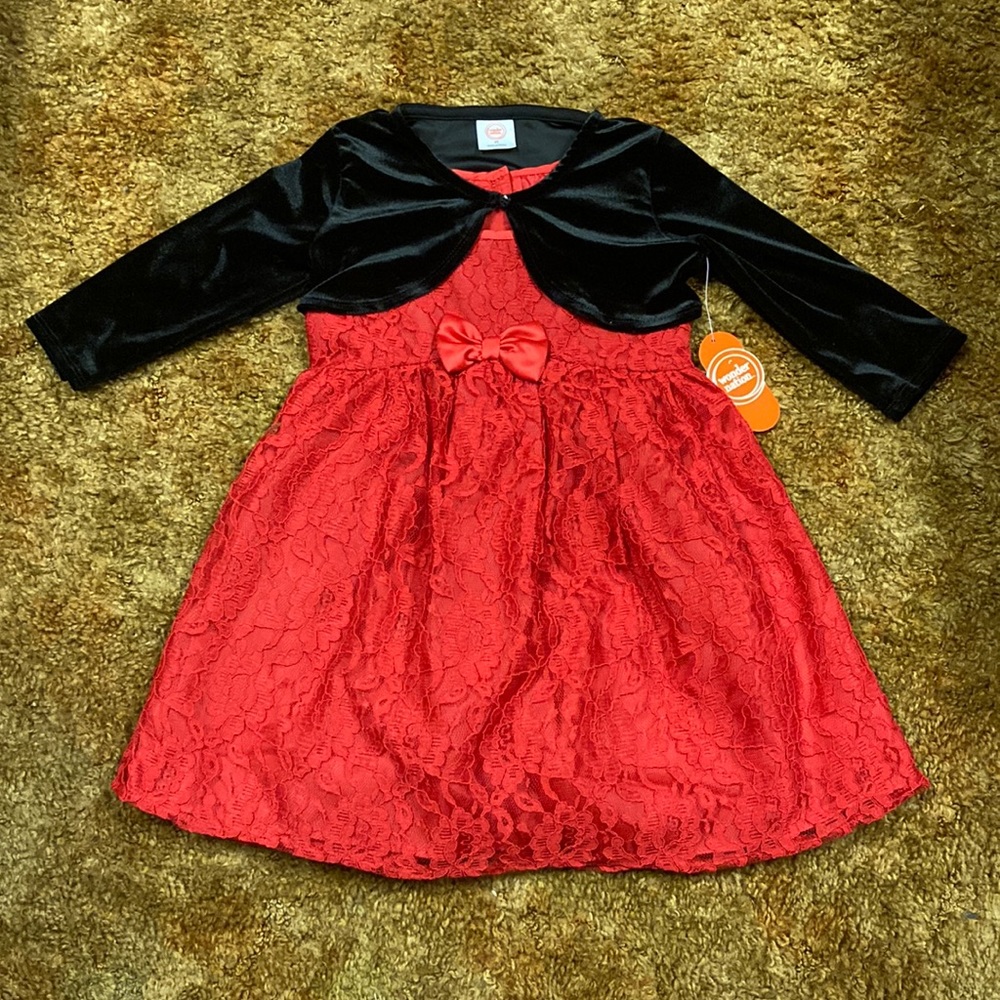 NEW! Wonder Nation Girls Red Lace Christmas Dress with Black Cardigan Size 4T